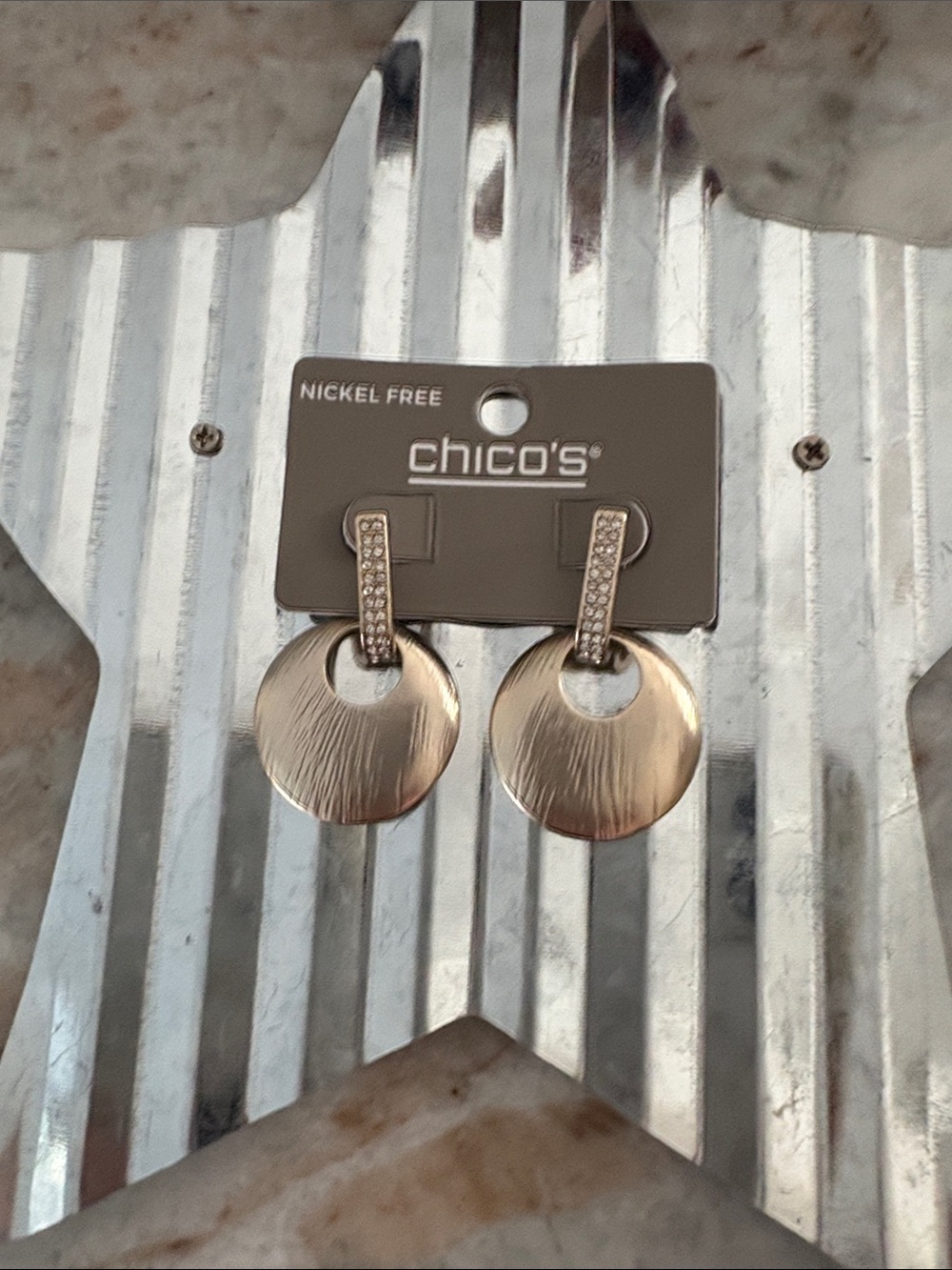 Chico's Gold Disc Drop Pierced Earrings with Pave Accents